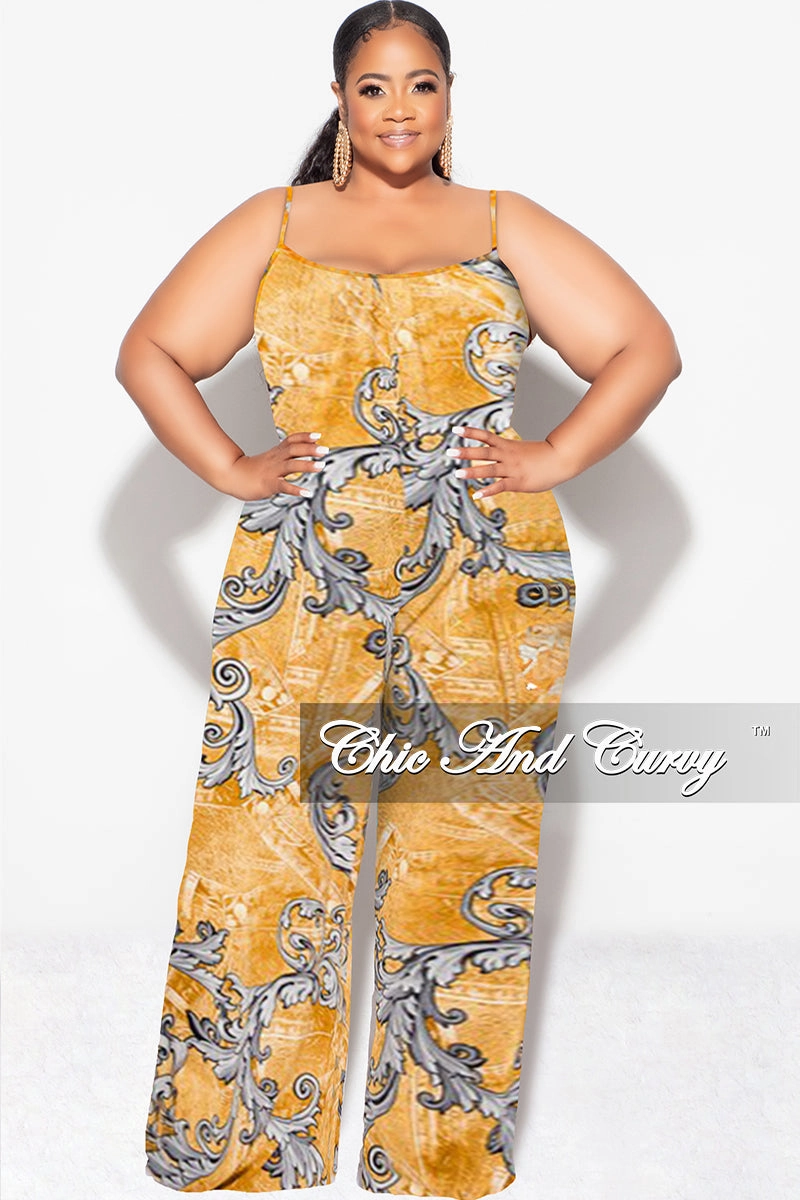 Final Sale Plus Size Spaghetti Straps Jumpsuit in Mustard and Gray Design Print All Day Fit