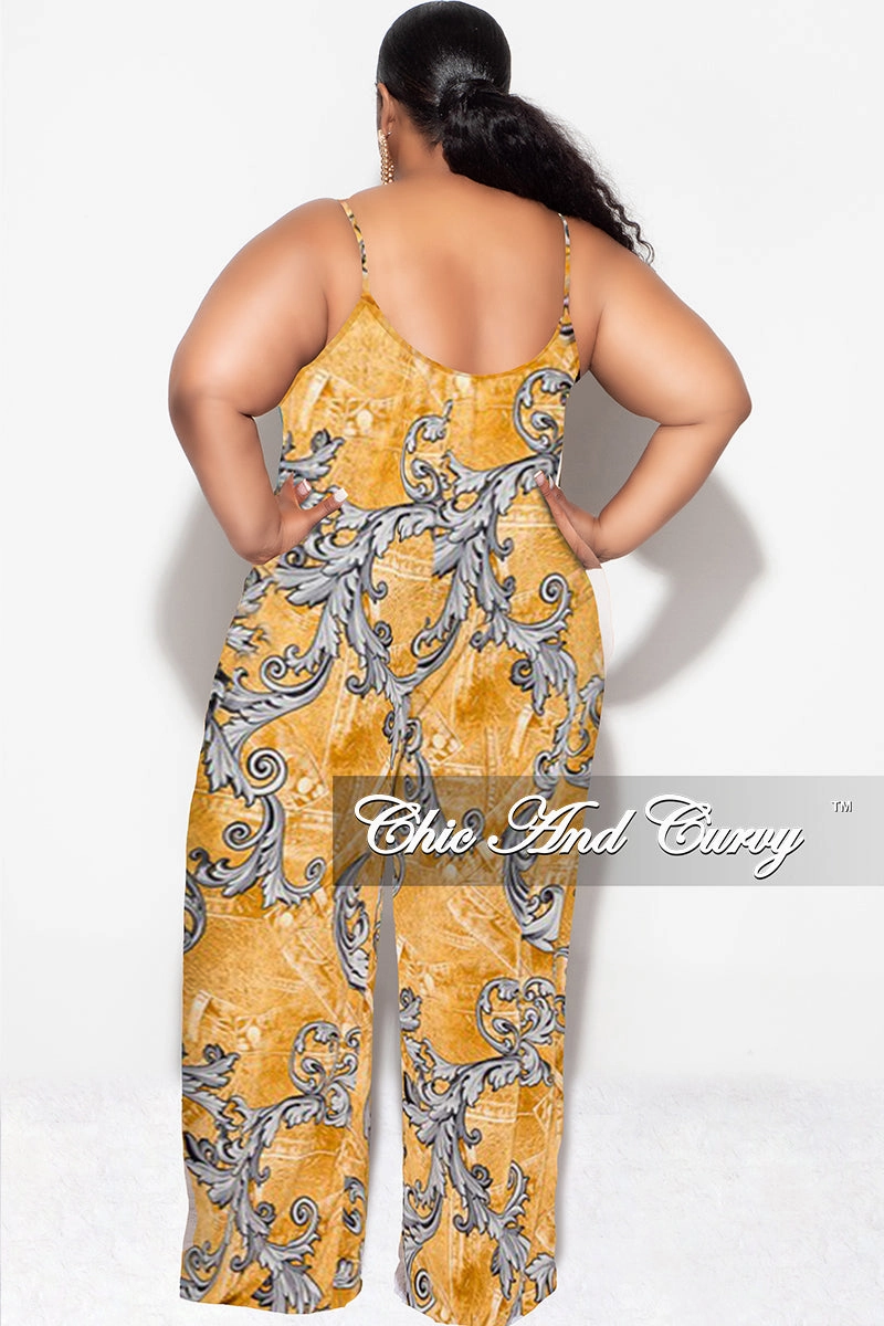 Basic Look Final Sale Plus Size Spaghetti Straps Jumpsuit in Mustard and Gray Design Print