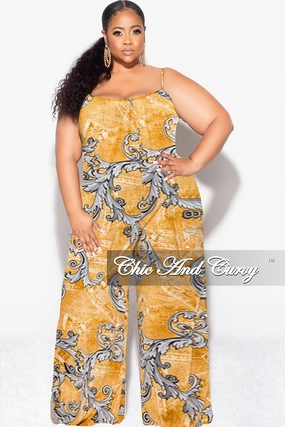 Final Sale Plus Size Spaghetti Straps Jumpsuit in Mustard and Gray Design Print Neutral Fit All-day Comfort