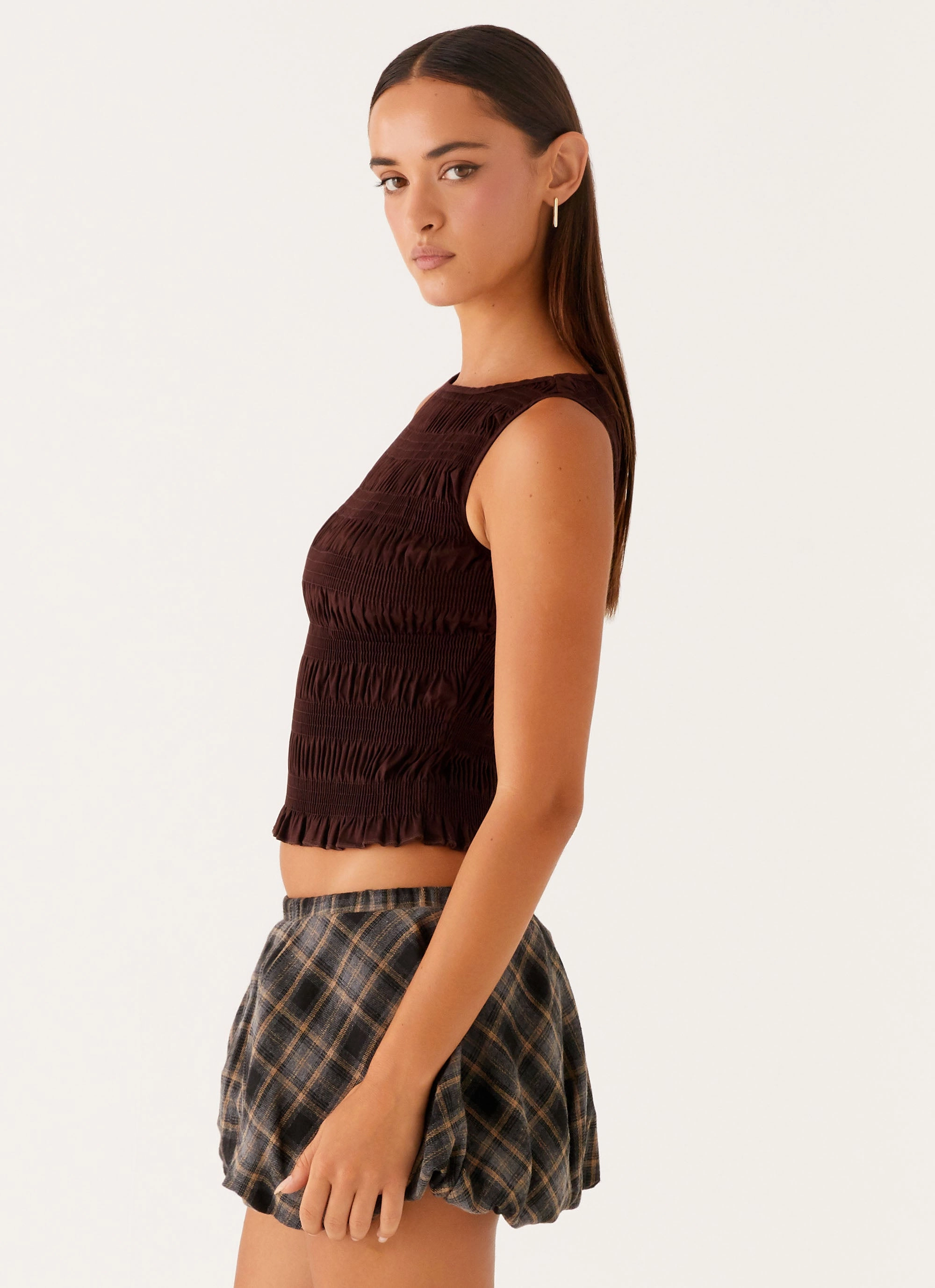 Fashionable Tank Garden Kisses Shirred Top - Brown