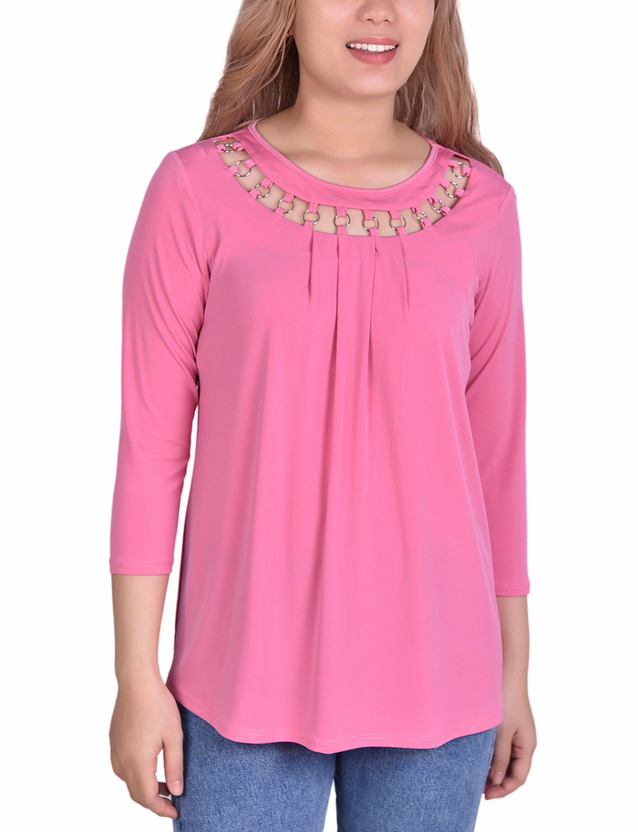 3/4 Sleeve Top With Cutout Ringed Neckline Casual Fit MultiPocket Design