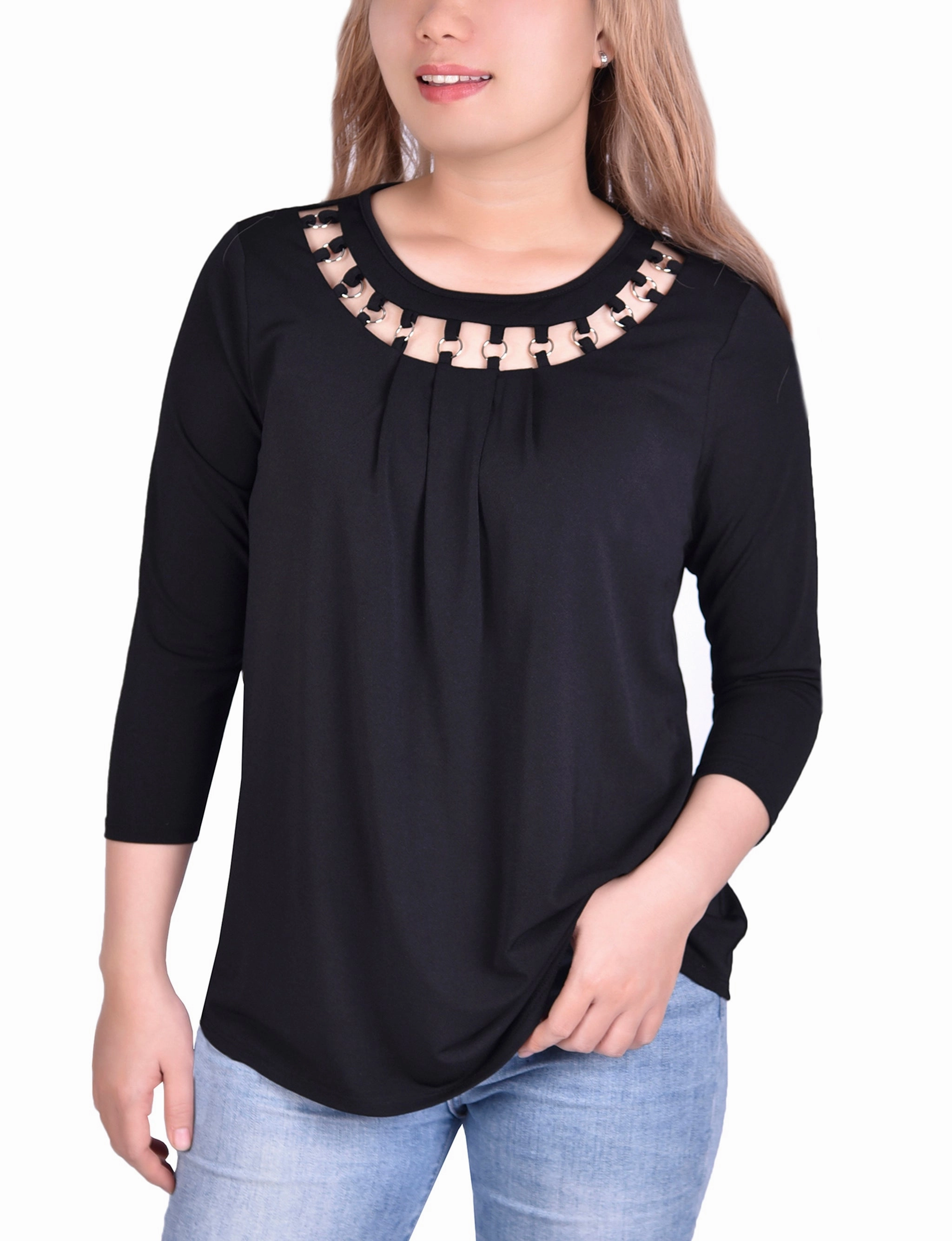 3/4 Sleeve Top With Cutout Ringed Neckline MeshPanel