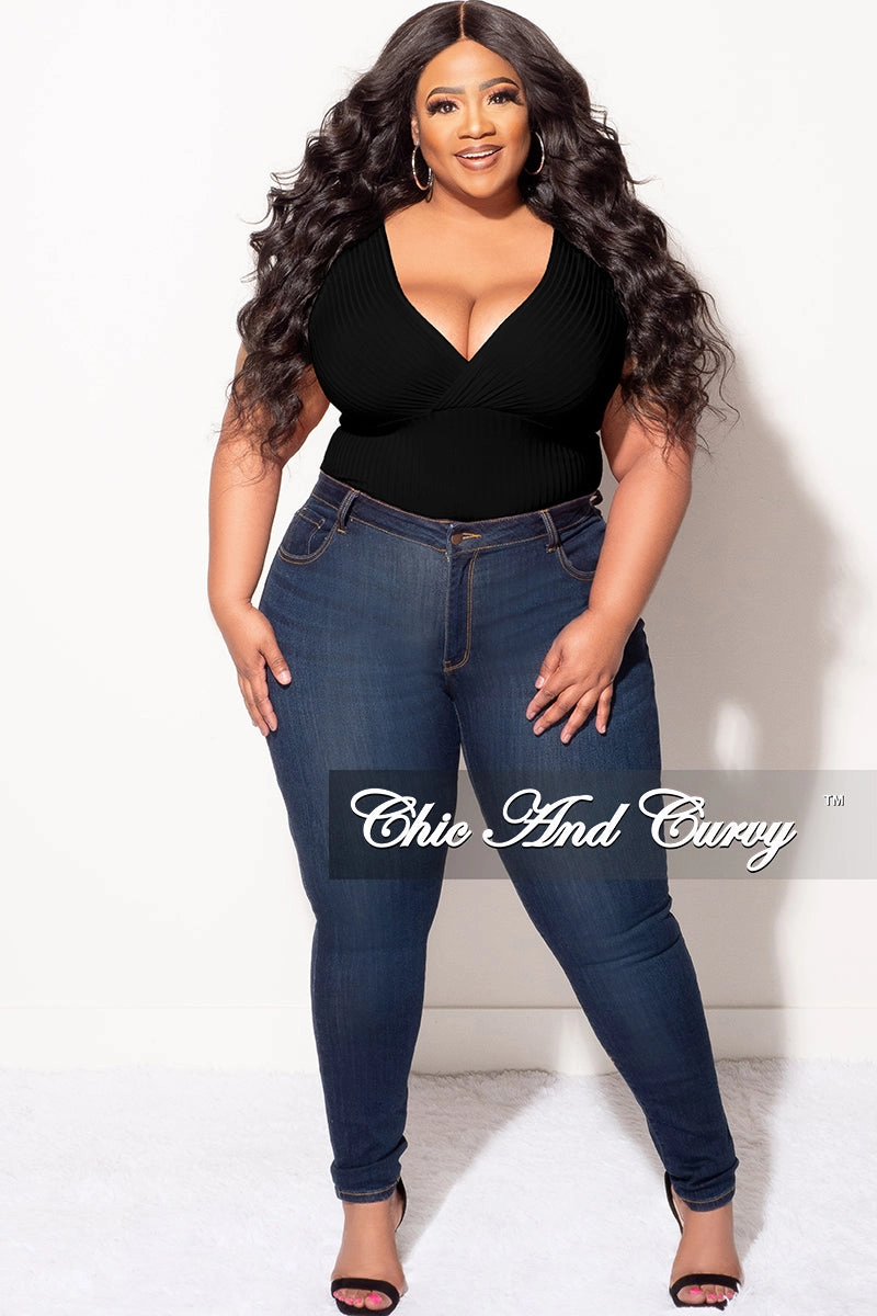 Final Sale Plus Size Ribbed Faux Wrap Sleeveless Bodysuit in Black Flexible Fit