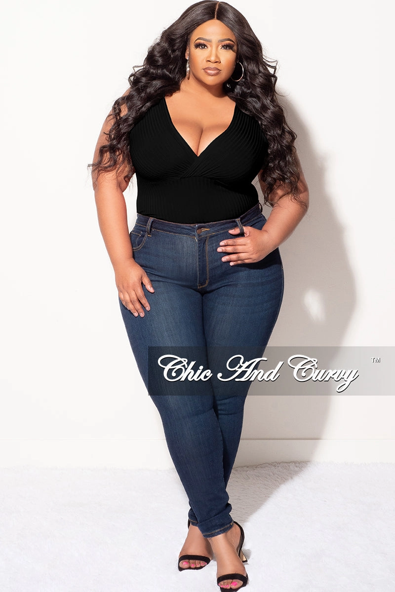 Final Sale Plus Size Ribbed Faux Wrap Sleeveless Bodysuit in Black Built-in shorts Fitted waist