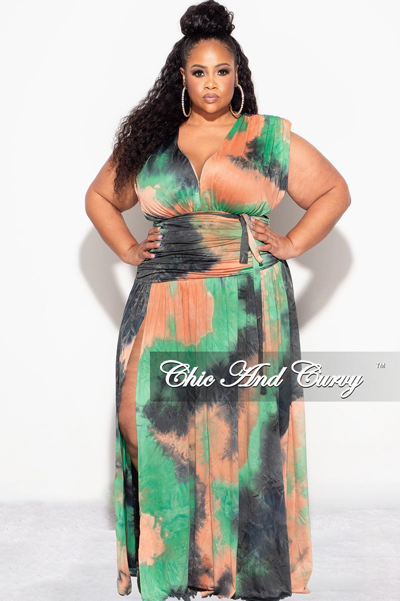 Full Coverage Final Sale Plus Size Maxi Dress with slits  in Green Tie Dye