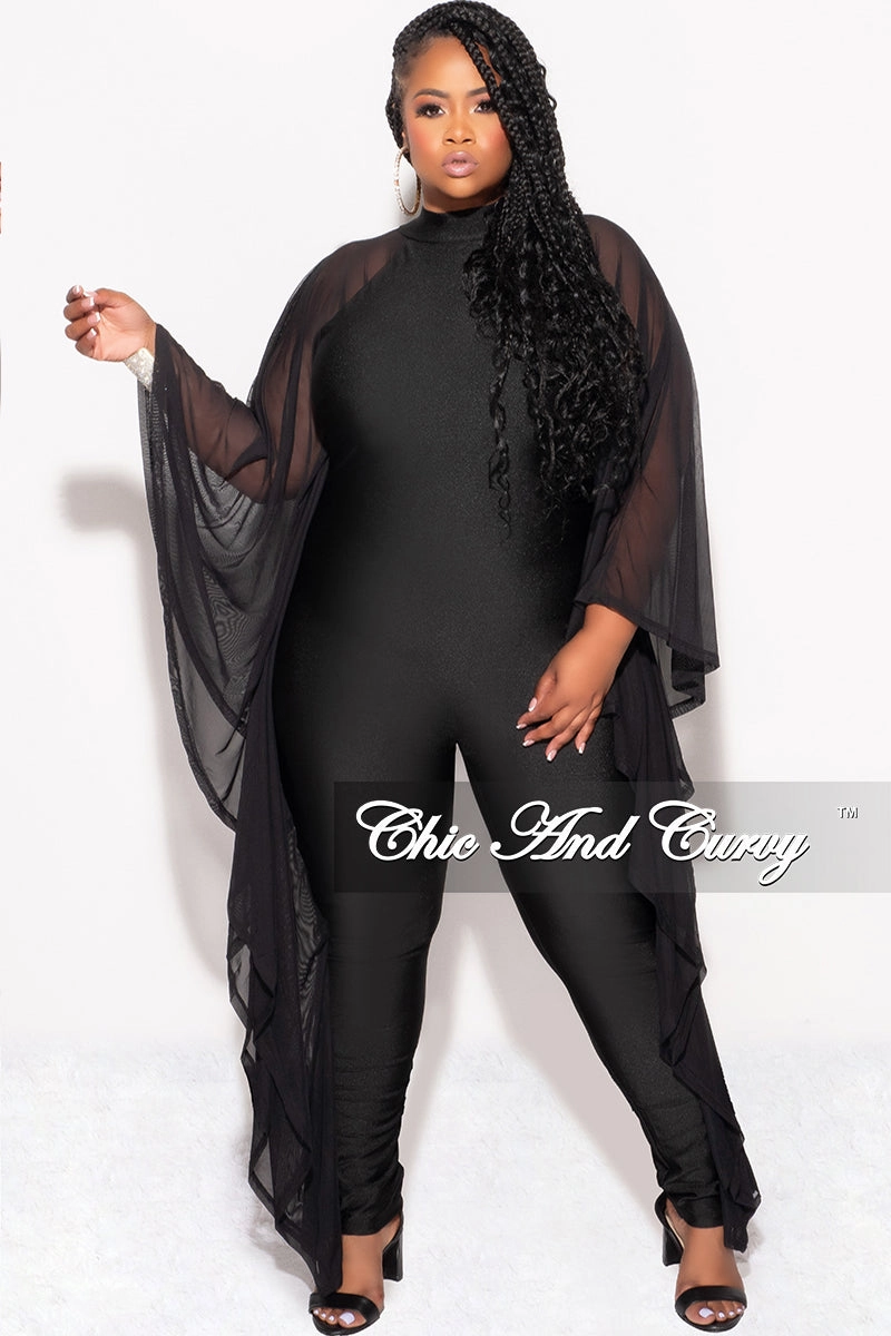 No Ride-Up Thermal Lining Final Sale Plus Size Shiny Jumpsuit with Sheer Cape Sleeves in Black