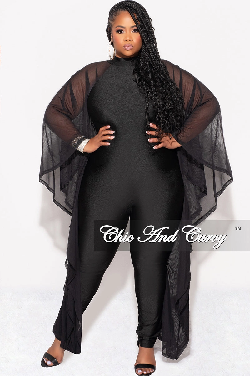 Active Wear Final Sale Plus Size Shiny Jumpsuit with Sheer Cape Sleeves in Black
