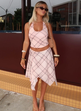 Chic Tones Side Pockets Fit Check Midi Skirt - Pink Check