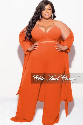 ComfortFit Final Sale Plus Size 3pc (Duster, Crop Self Tie Top & Pants) Set in Orange