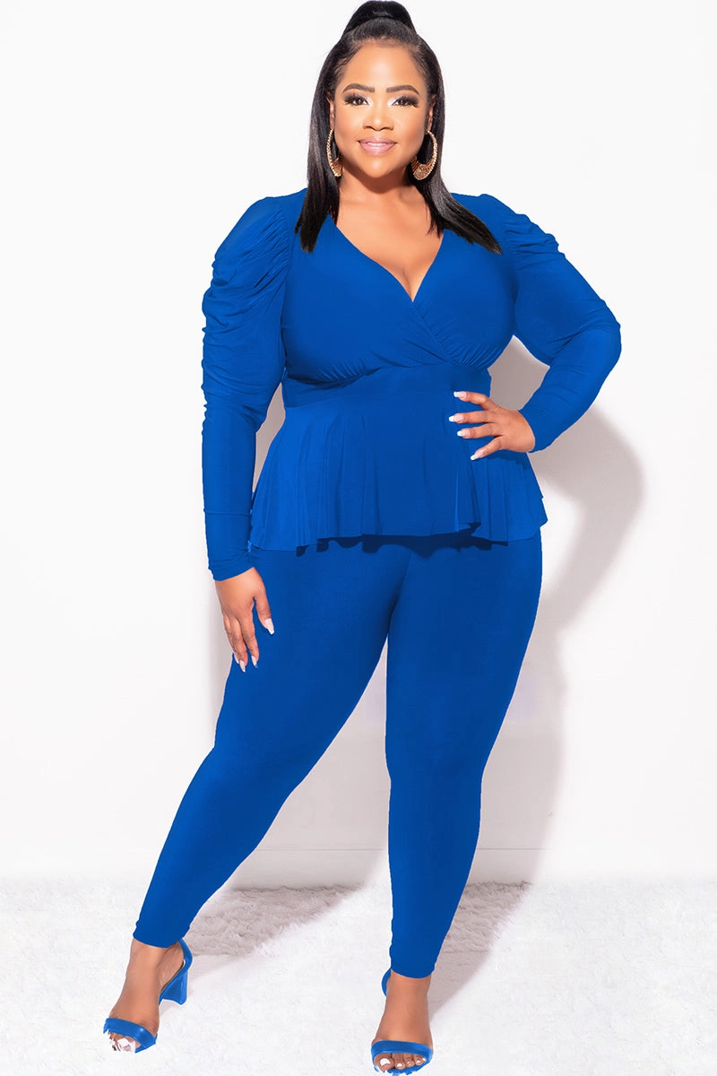 Anti Snag Threading Daily Wear Final Sale Plus Size Faux Wrap Peplum Top and Pants Set in Royal Blue