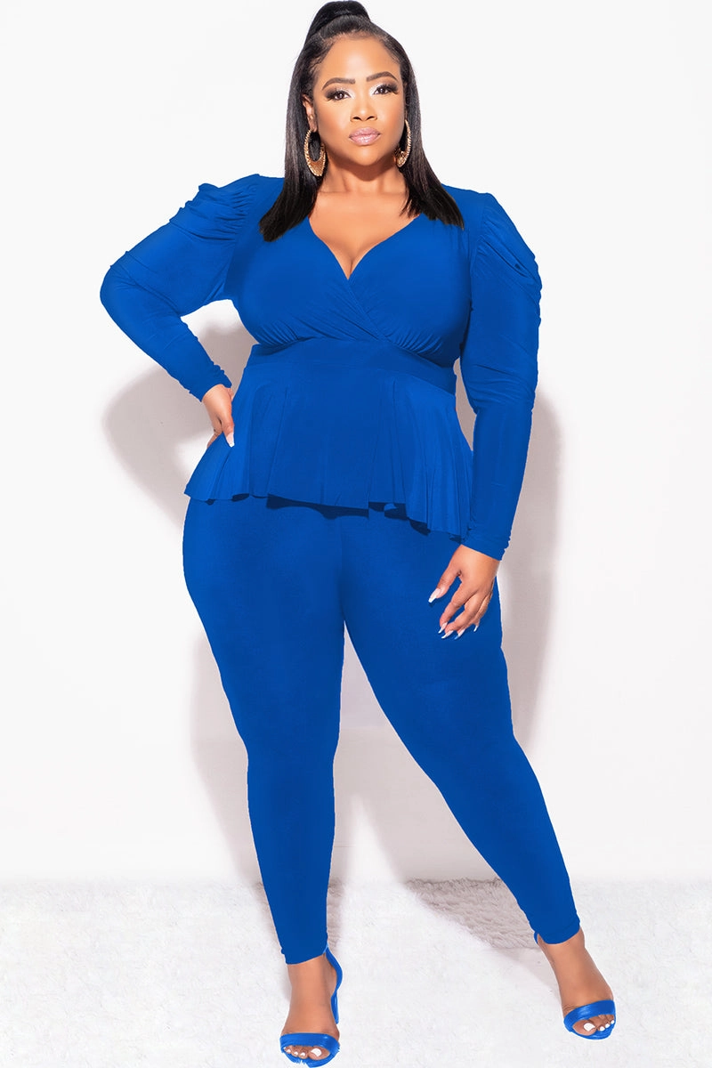 Body Shape Final Sale Plus Size Faux Wrap Peplum Top and Pants Set in Royal Blue