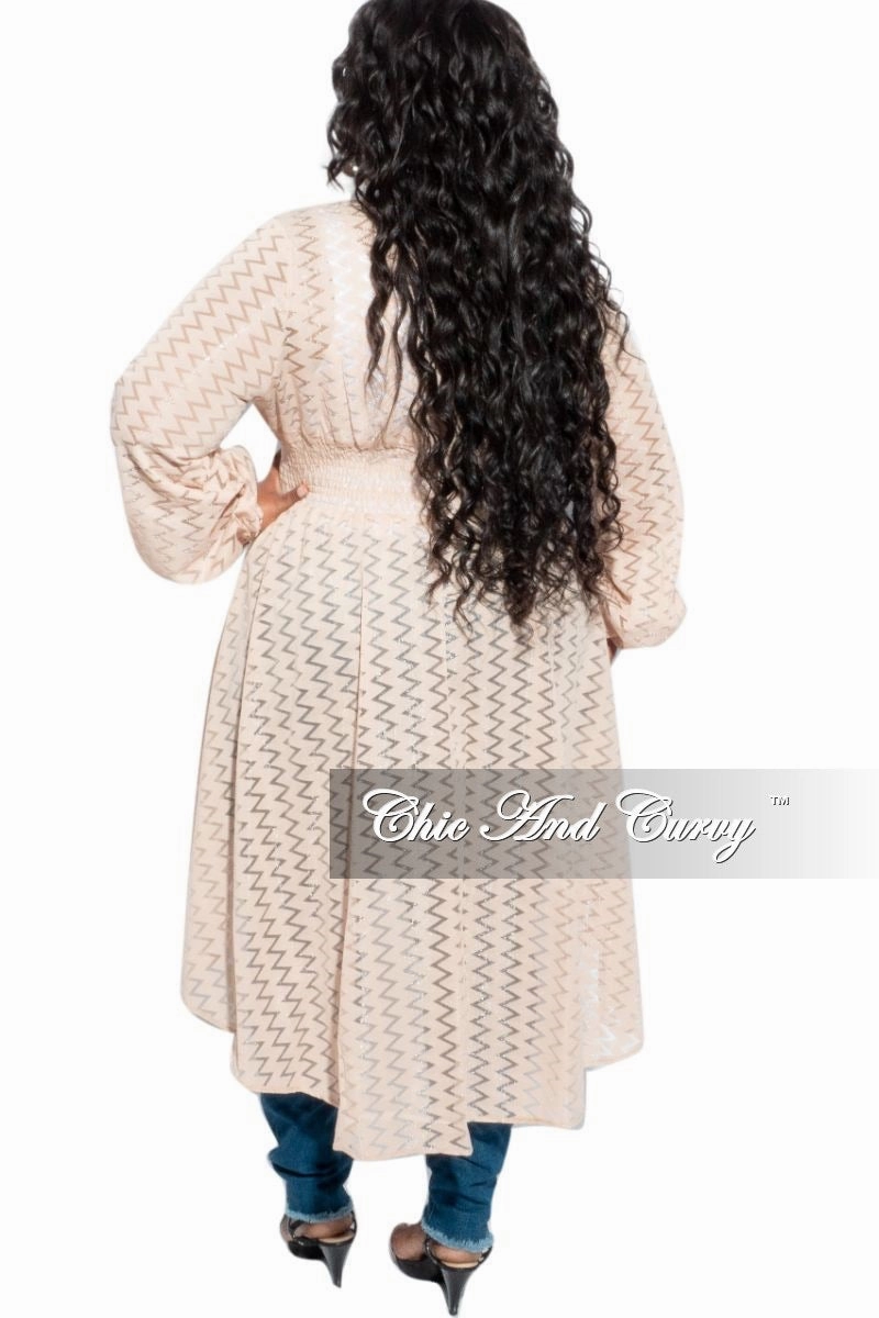 Office Friendly Final Sale Plus Size Sheer Button High-Low Duster in Light Beige/ Tan Zig Zag Design