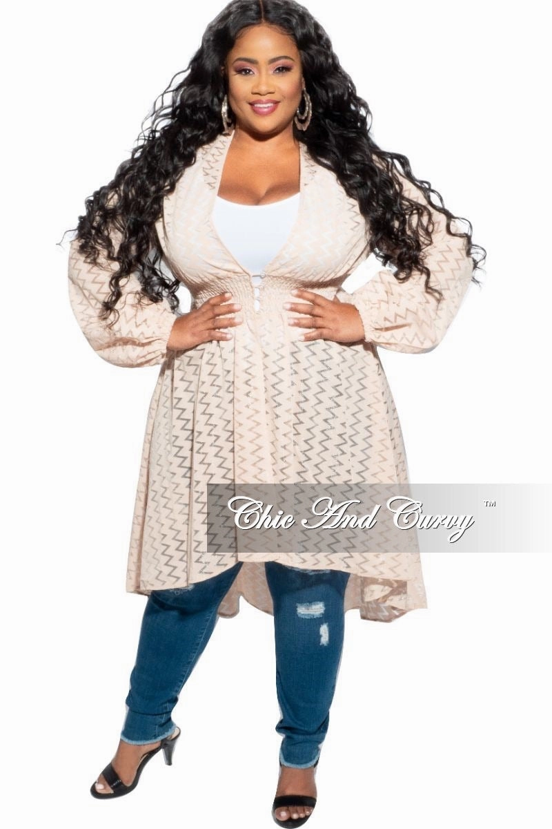 Final Sale Plus Size Sheer Button High-Low Duster in Light Beige/ Tan Zig Zag Design Sporty Chic NonSlipInnerGrip