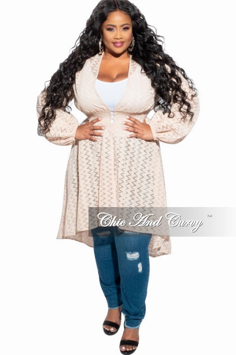 Final Sale Plus Size Sheer Button High-Low Duster in Light Beige/ Tan Zig Zag Design Active Motion