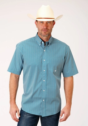 Roper Mens Teal Cotton Blend Arrow Rope BD S/S 1 Pkt Shirt Comfort Fit