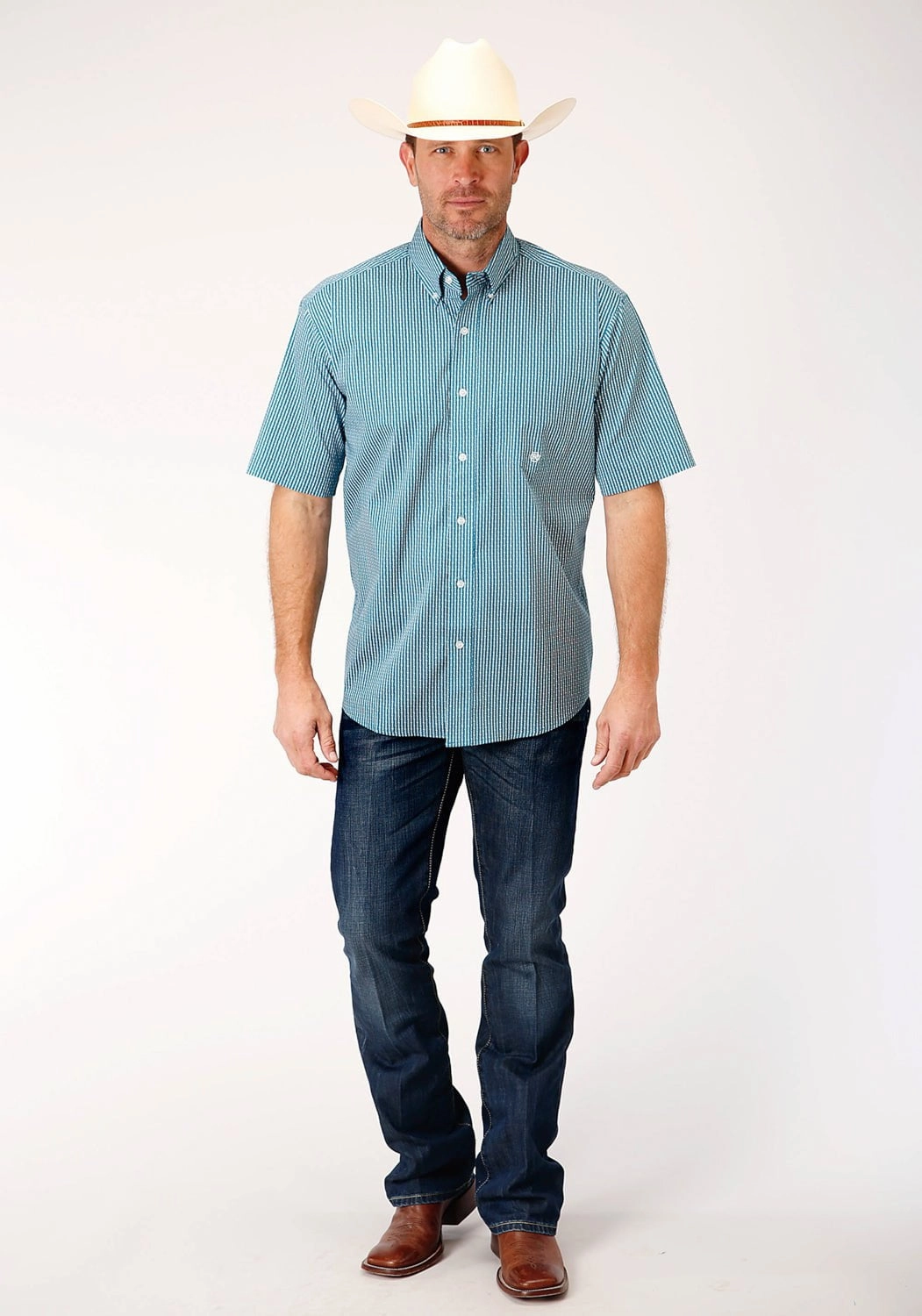 slim fit Roper Mens Teal Cotton Blend Arrow Rope BD S/S 1 Pkt Shirt