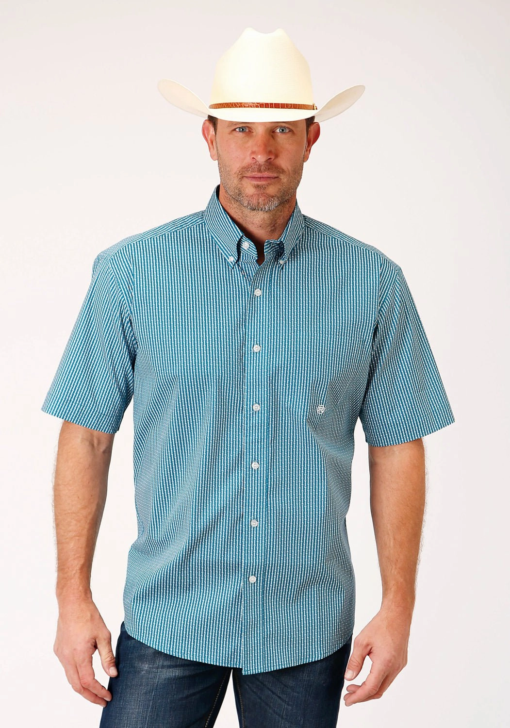 Roper Mens Teal Cotton Blend Arrow Rope BD S/S 1 Pkt Shirt family gathering Solid Hue