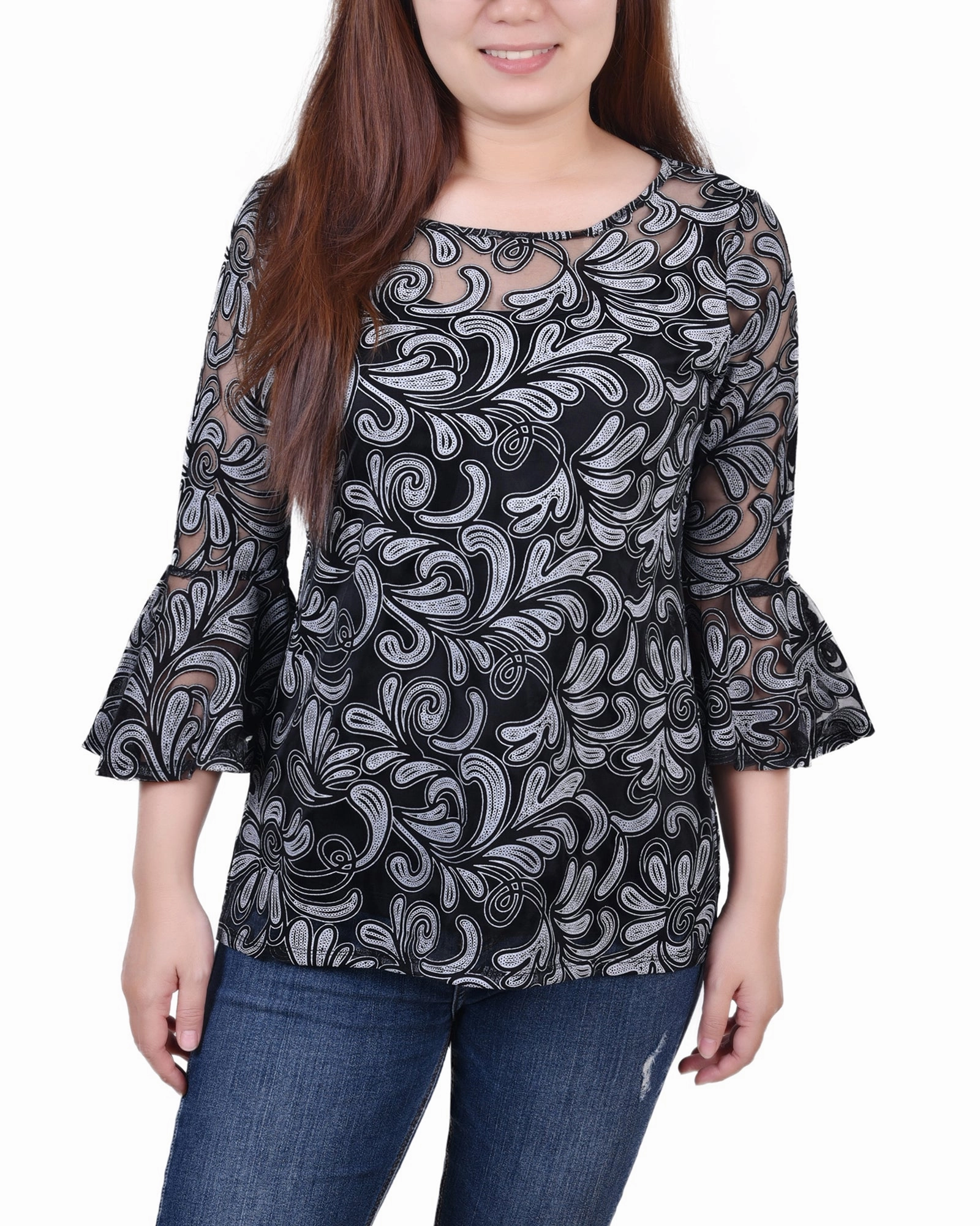 3/4 Sleeve Burnout Top With Matching Camisole Structured Shoulder