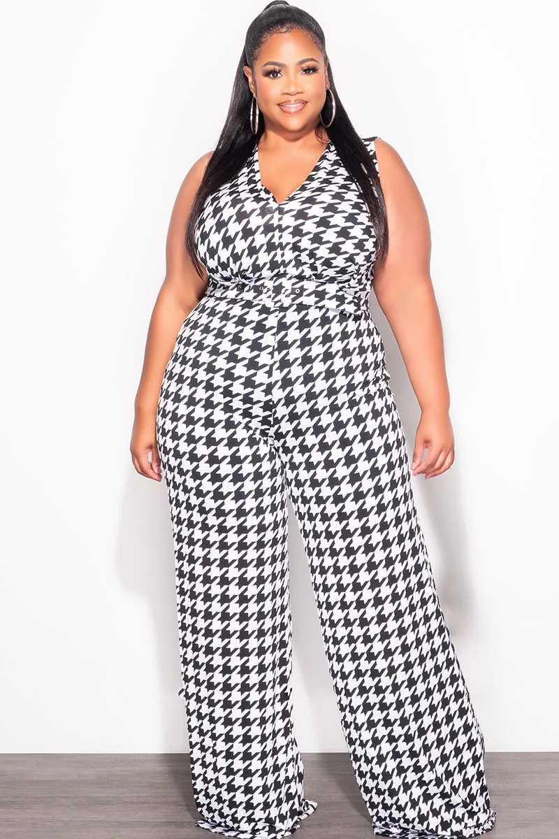 Final Sale Plus Size Jumpsuit with Waist Belt in Houndstooth Print Minimalist Look