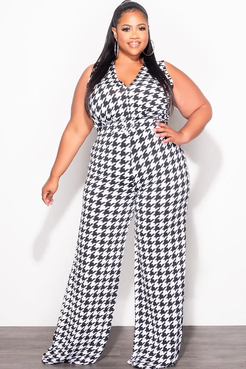 No Gap Waistband Final Sale Plus Size Jumpsuit with Waist Belt in Houndstooth Print