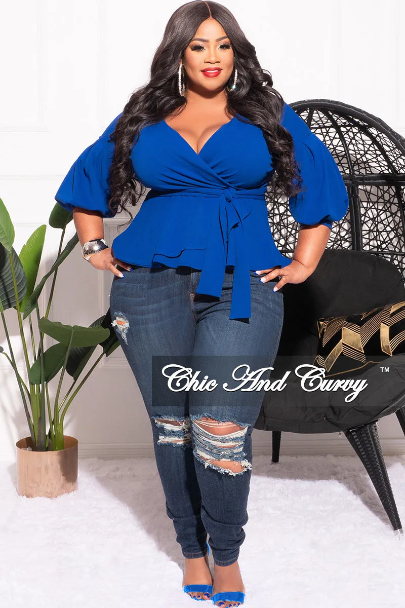 Practical Fit Tough Wear Final Sale Plus Size Faux Wrap Peplum Top with Waist Tie in Royal Blue