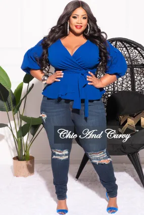Light Fit Slim Waist Final Sale Plus Size Faux Wrap Peplum Top with Waist Tie in Royal Blue