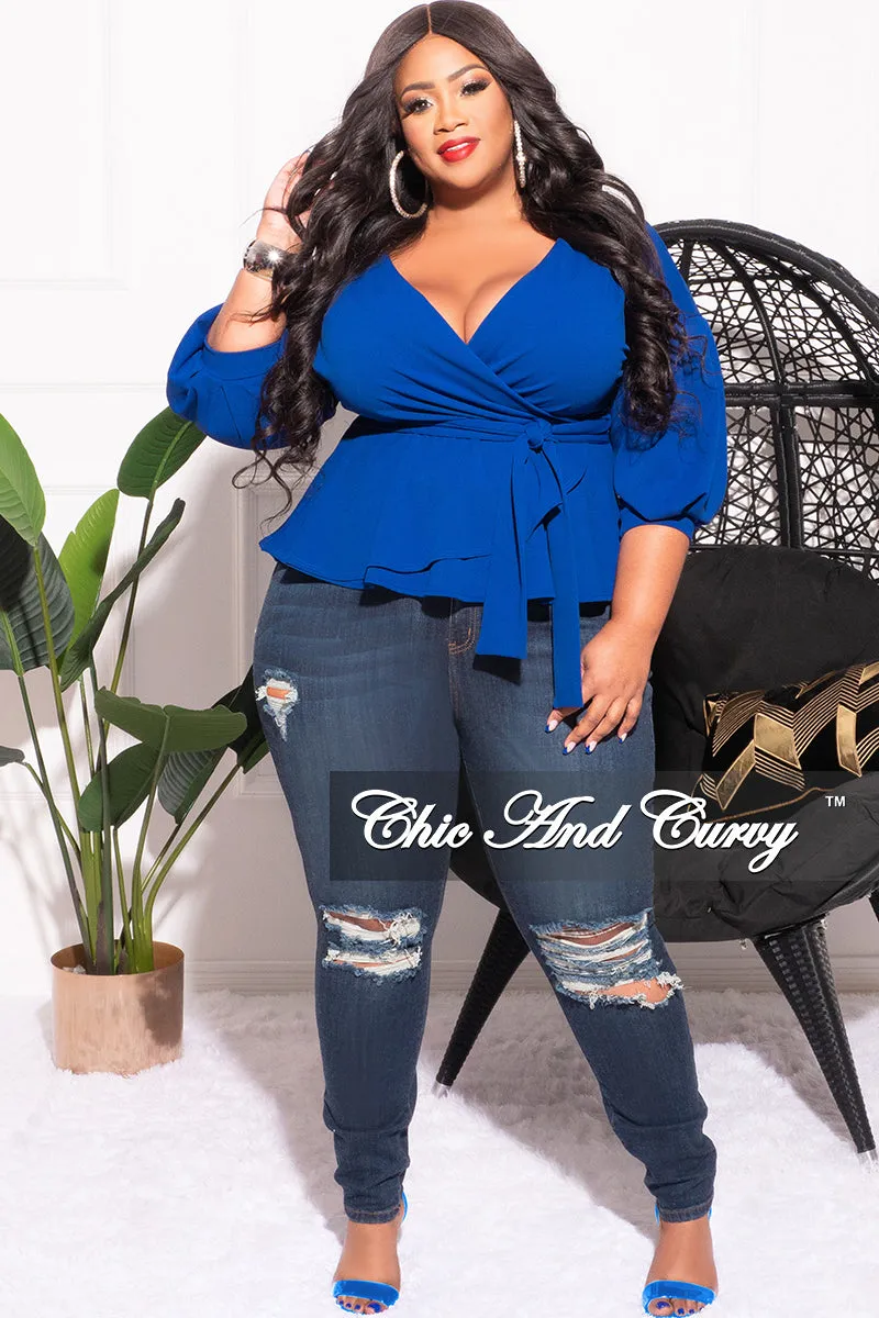 Final Sale Plus Size Faux Wrap Peplum Top with Waist Tie in Royal Blue Sleek Look