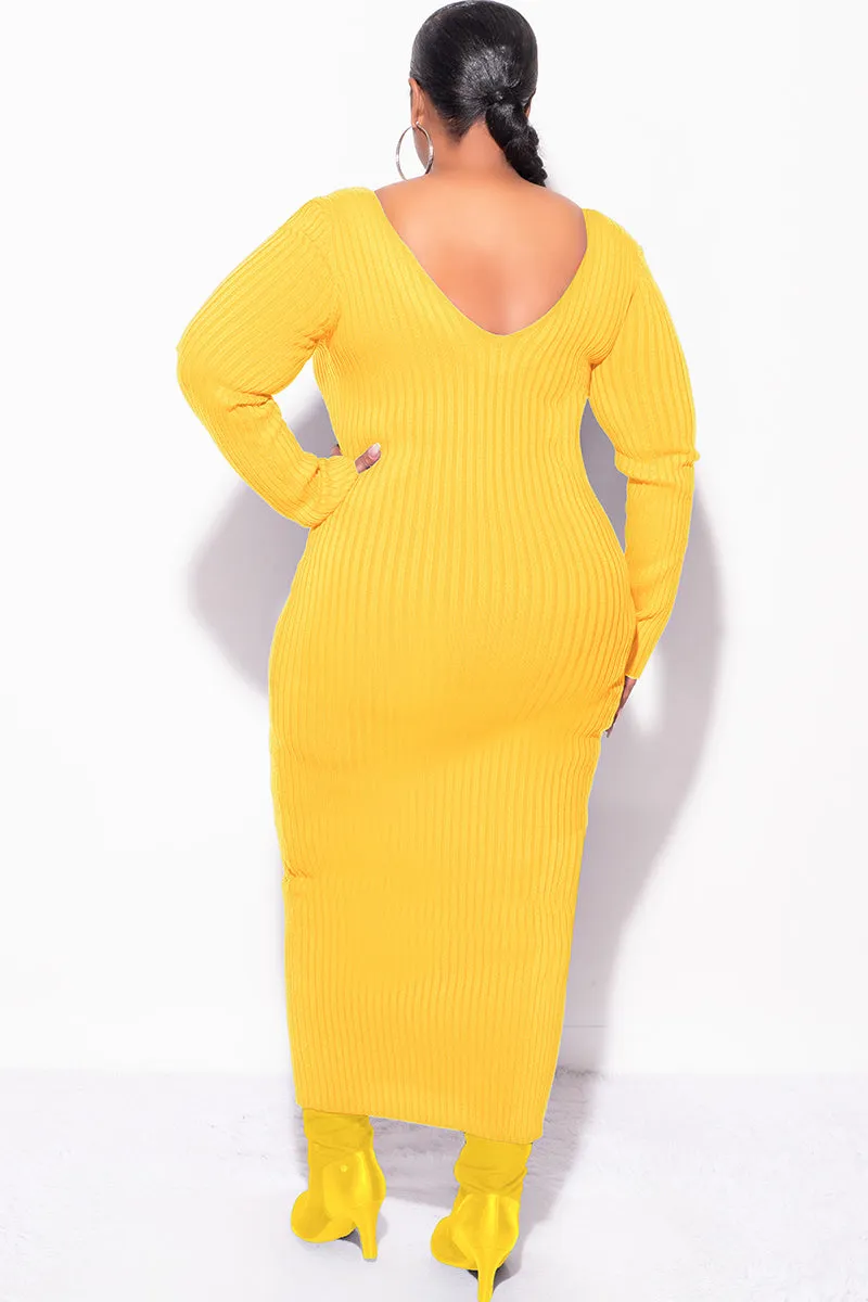 Easy Layer Breathable Waist Final Sale Plus Size BodyCon Ribbed Knit Dress in Gold Yellow