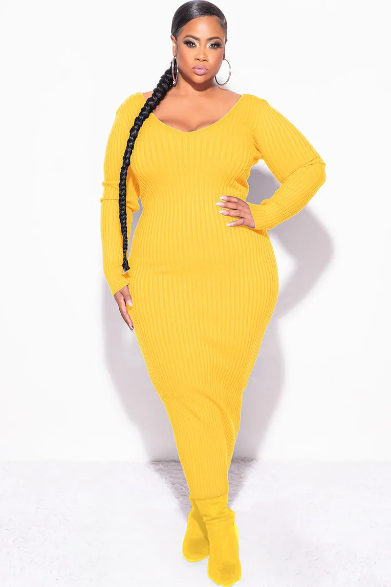 Final Sale Plus Size BodyCon Ribbed Knit Dress in Gold Yellow Cooling Fabric
