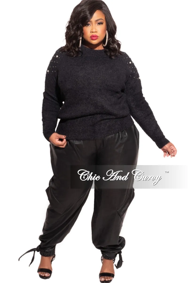 Perfect Design Final Sale Plus Size Black Sweater with Pearl Detailed Sleeves