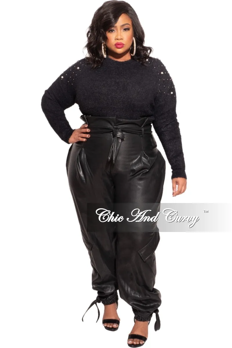 Final Sale Plus Size Black Sweater with Pearl Detailed Sleeves Durable Hemming Flexible Motion