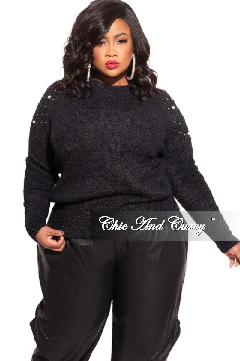 Sustainable Material Blend Chilly Day Comfort Final Sale Plus Size Black Sweater with Pearl Detailed Sleeves