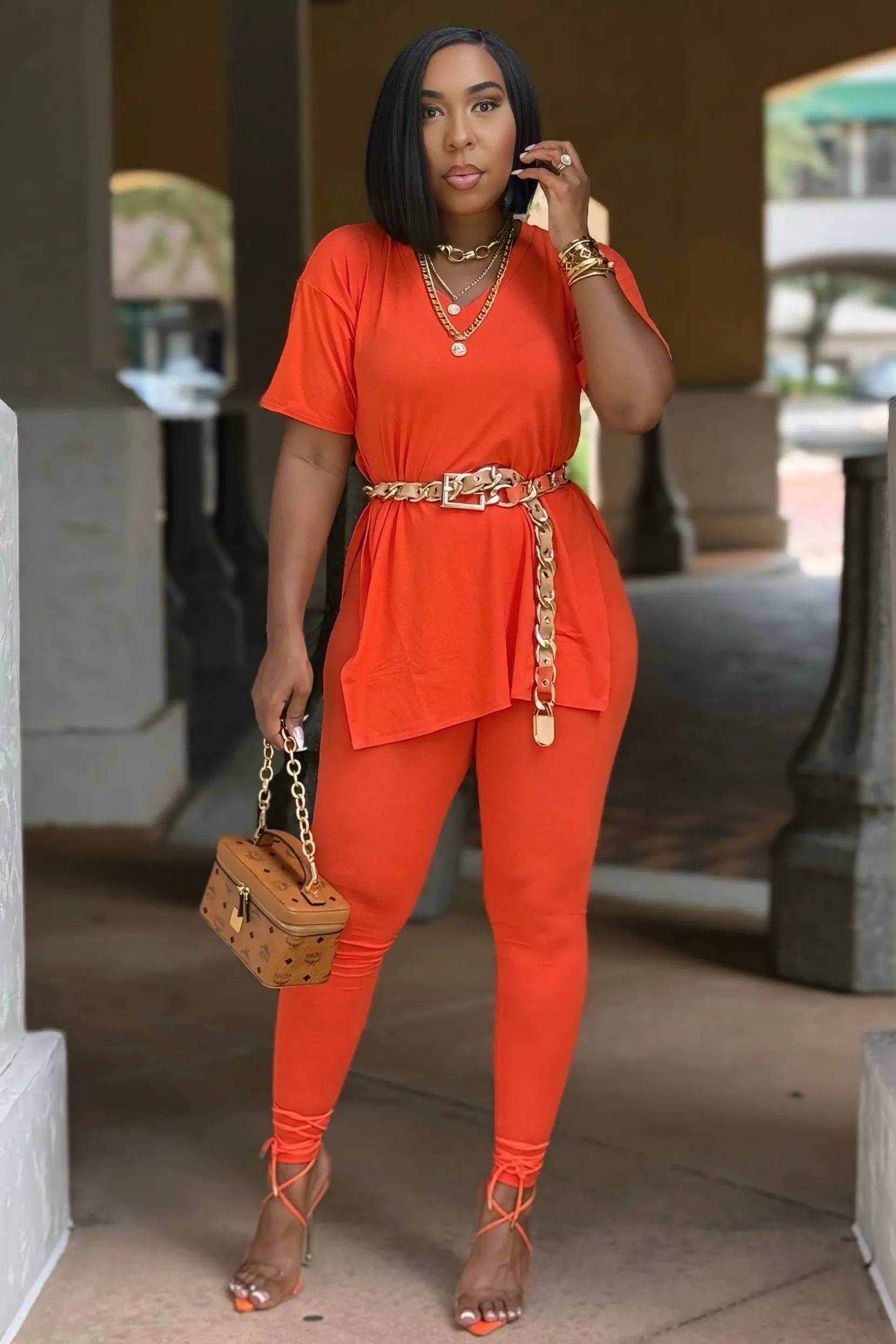 Multi-way wear Easy Like Sunday Morning Casual Tunic Top and Leggings Set- Orange