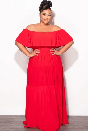 Zero Waste Manufacturing Final Sale Plus Size Off The Shoulder Tiered Maxi Dress in Red