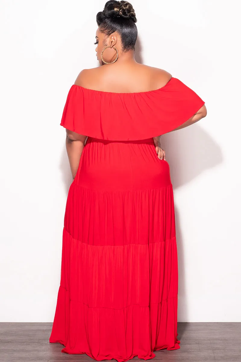 Final Sale Plus Size Off The Shoulder Tiered Maxi Dress in Red Sporty Comfort