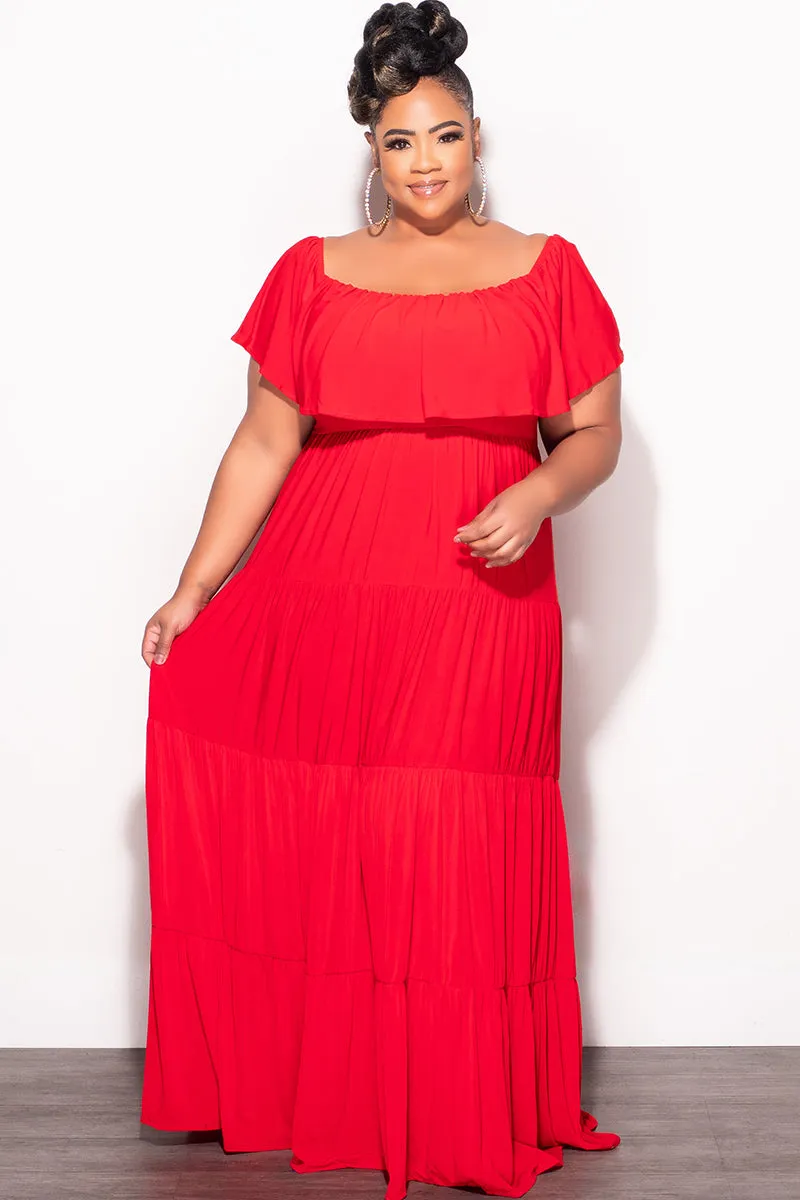 Final Sale Plus Size Off The Shoulder Tiered Maxi Dress in Red Non Restrictive Cut Flowy legs