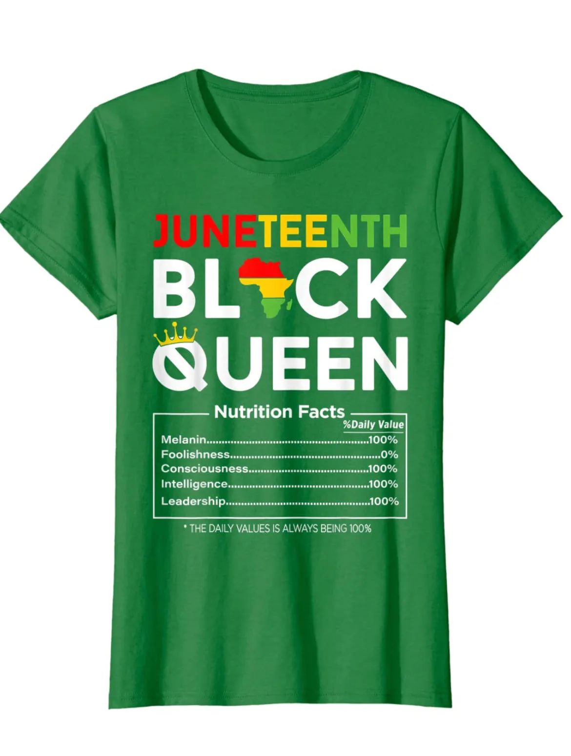 Final Sale Plus Size "Juneteenth Black Queen Nutritional Facts " T-Shirt in Kelly Green Breathable Waist