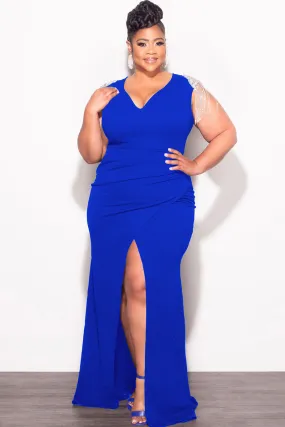 Stretch Fit Final Sale Plus Size Deep V  Rhinestone Fringe Shoulder With Maxi Dress in Royal Blue
