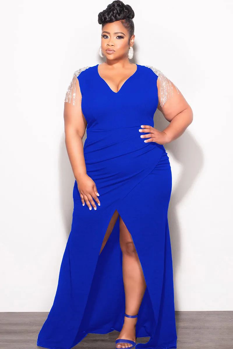 Soft Wear Final Sale Plus Size Deep V  Rhinestone Fringe Shoulder With Maxi Dress in Royal Blue