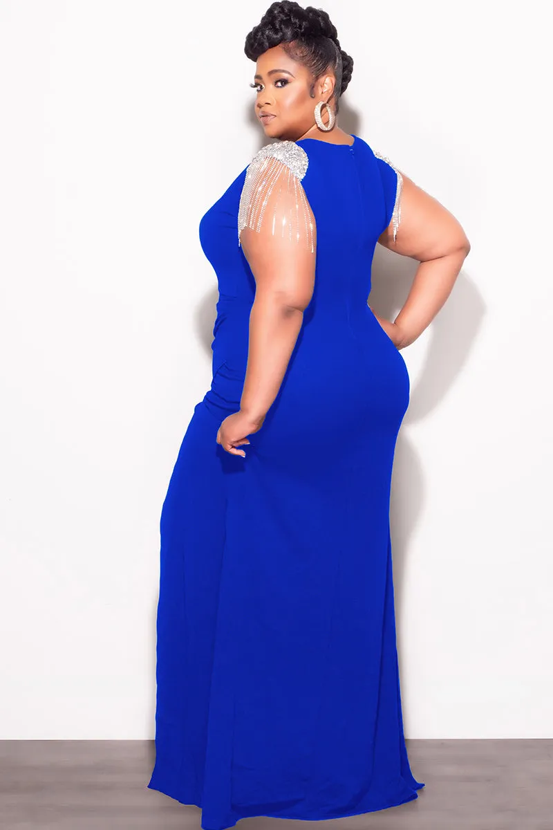 Minimal Waist Perfect Fit Wear Final Sale Plus Size Deep V  Rhinestone Fringe Shoulder With Maxi Dress in Royal Blue