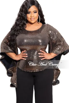 Polyester fabric RegularFit Final Sale Plus Size Faux Sequin Bell Sleeve Top in Gold