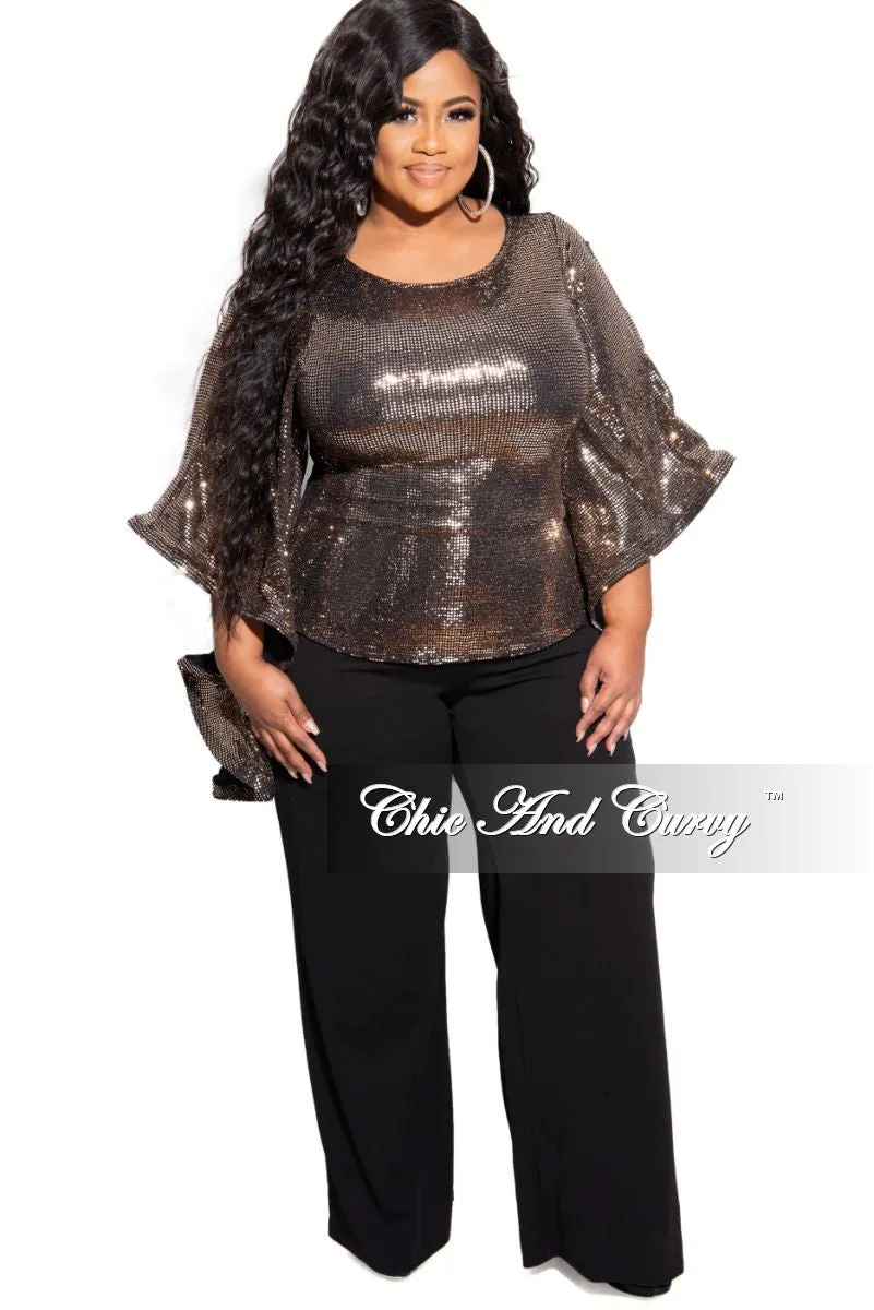 Final Sale Plus Size Faux Sequin Bell Sleeve Top in Gold Rugged Wear
