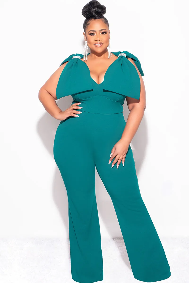 Final Sale Plus Size Jumpsuit with Bow on Shoulders in Green Tailored Silhouette