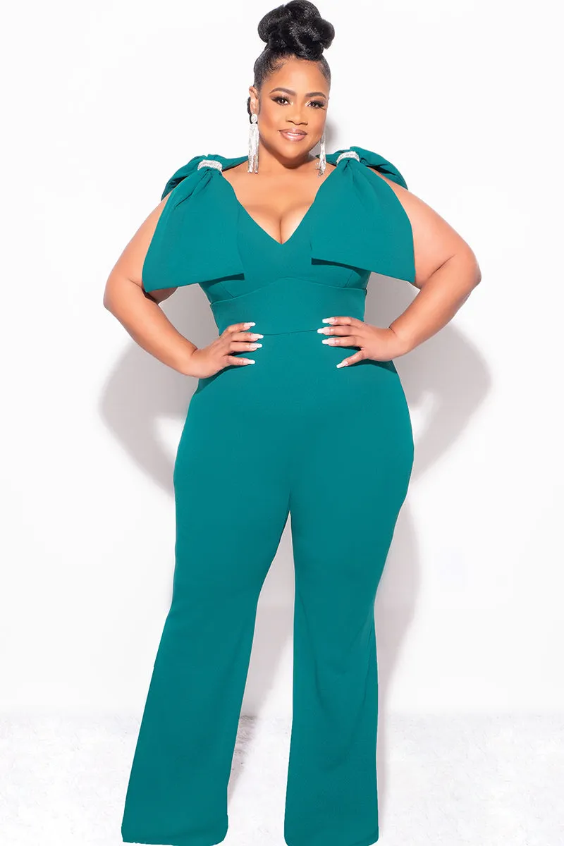 Comfort Wear Odor control Final Sale Plus Size Jumpsuit with Bow on Shoulders in Green