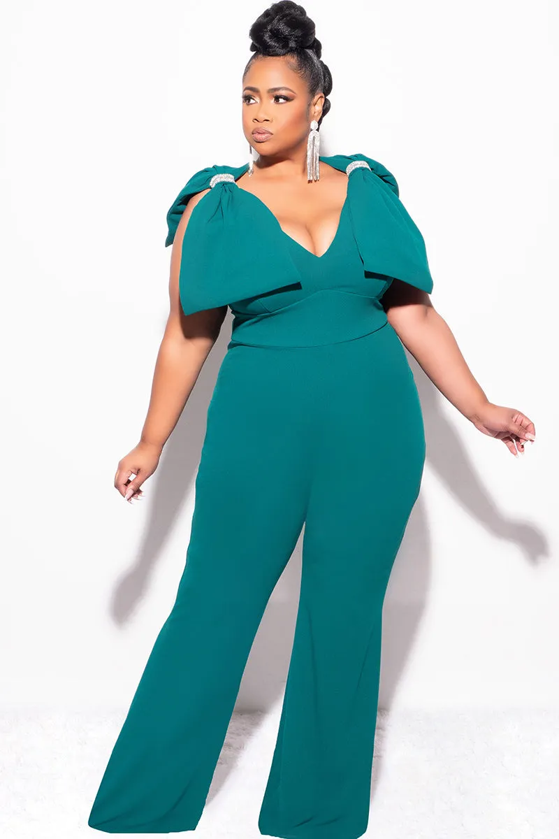 Final Sale Plus Size Jumpsuit with Bow on Shoulders in Green Embroidered Detail Casual Performance