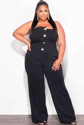 Light Wear Fit HeatRegulating Final Sale Plus Size Spaghetti Strap Jumpsuit with Gold Button Detail in Black