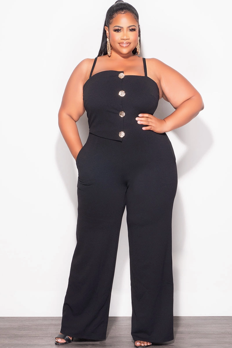 Non Clip Final Sale Plus Size Spaghetti Strap Jumpsuit with Gold Button Detail in Black