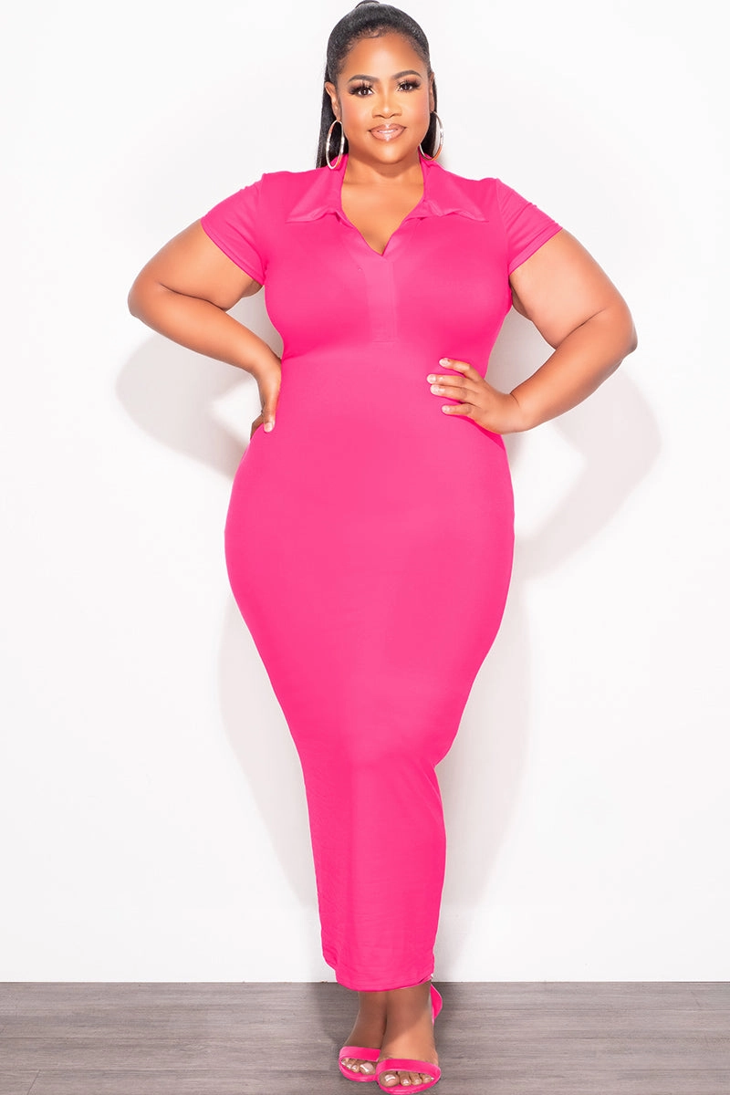 Flat Lock Stitching Active Motion Final Sale Plus Size Collar V Neck Midi Dress in Pink