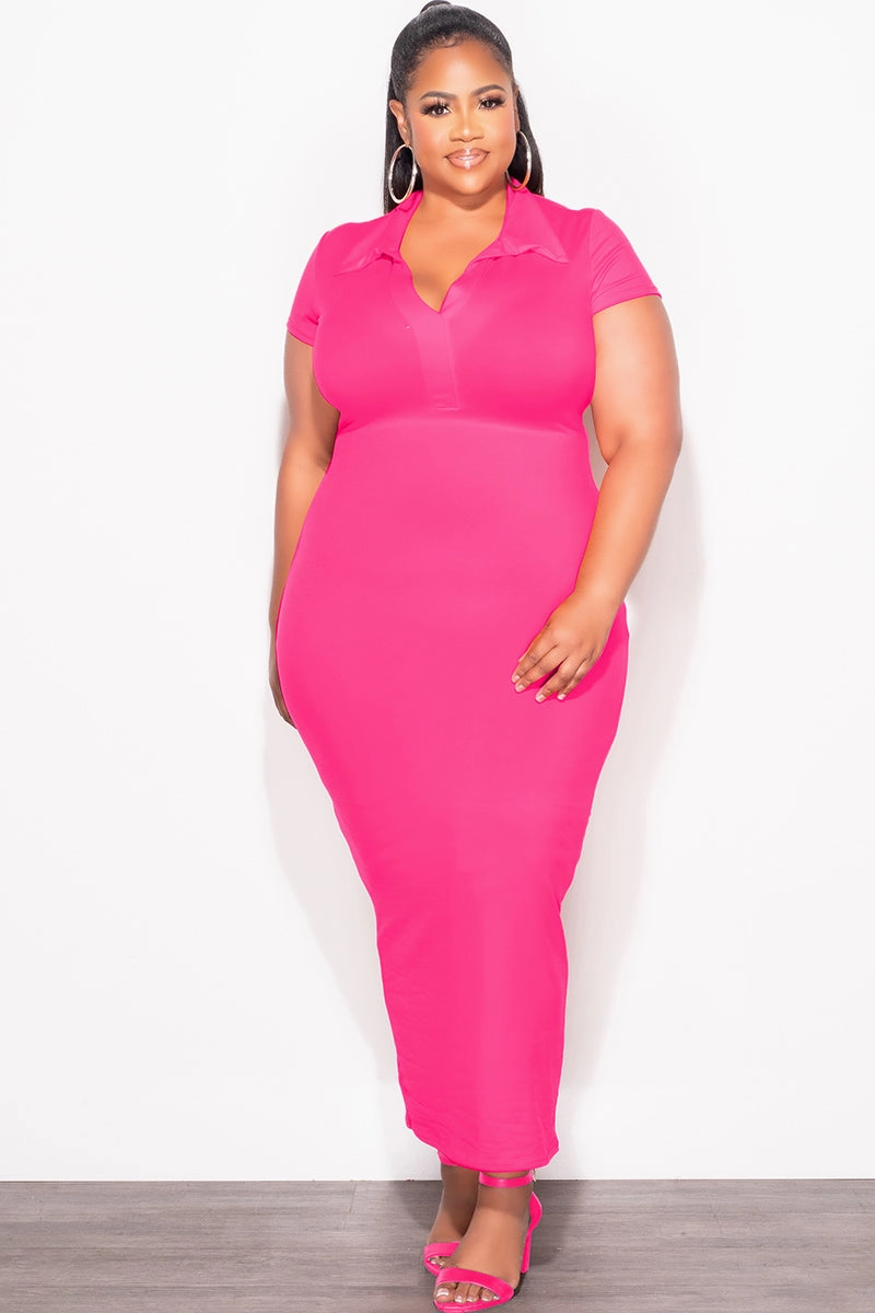 Anti Snag Fabric Final Sale Plus Size Collar V Neck Midi Dress in Pink