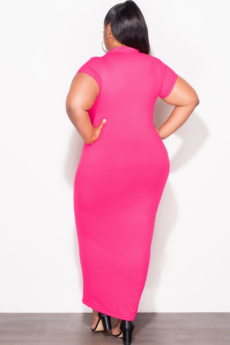 Final Sale Plus Size Collar V Neck Midi Dress in Pink StaticDissipative